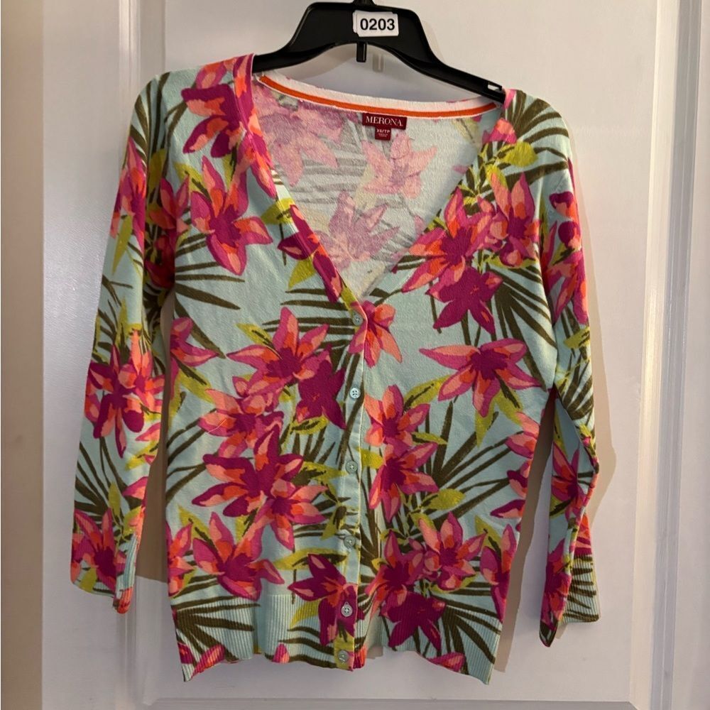 Merona Women's Tropical Floral Cardigan - Pink and Green Sz XS